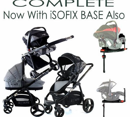i-Safe System - Black/Grey Trio Travel System Pram & Luxury Stroller 3 in 1 Complete With Carseat & Carrycot Only isafe