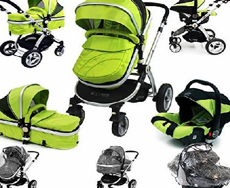 i-Safe System - Lime Trio Travel System Pram & Luxury Stroller 3 in 1 Complete With Car Seat