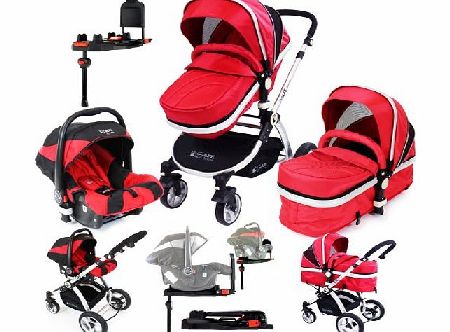 System + iSOFIX Base - Red Travel System Pram & Luxury Stroller 3 in 1 Complete With Footmuff, Carseat Footmuff, Changing Bag + All the Raincovers
