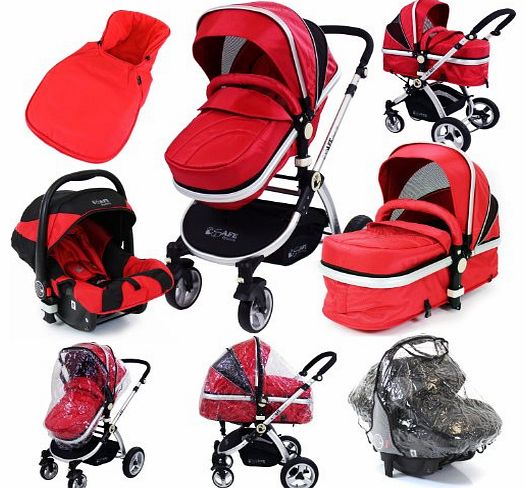 System - Red Travel System Pram & Luxury Stroller 3 in 1 Complete With Footmuff, Carseat Footmuff, All the Raincovers