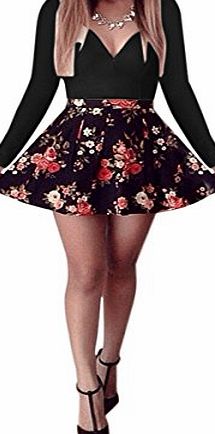 ISASSY Party mini dress - Womens Girls Deep V-neck Casual Printed Long Sleeve Swing Floral Printed Mini Dress Skater High Waist Party Prom Ball Bodycon Mini Dress Size (UK6-8) White and black