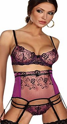 Ismena Beautiful Sheer Purple Tulle Bra, Suspender Belt amp; Thong Set with Black Floral Embroidery Detail and Satin Ribbon Bows - Large/XLarge (UK 12-14)