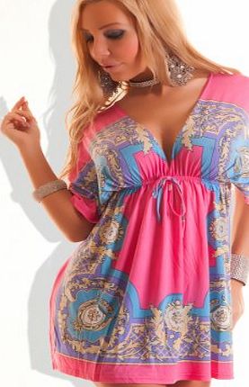 italy gownplanet floral summer batwing v neck Women Ladies girls Top or mini Dress Size 8-16 belt slim bandage pencil cocktail party outfit holiday wear (s/m, pink)