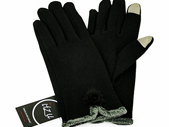Itzu Ladies Cotton Gloves Faux Fur Touch Screen Thermal Fleece Lined Black (Phones, Tablets, Sat Navs, PDAs etc)