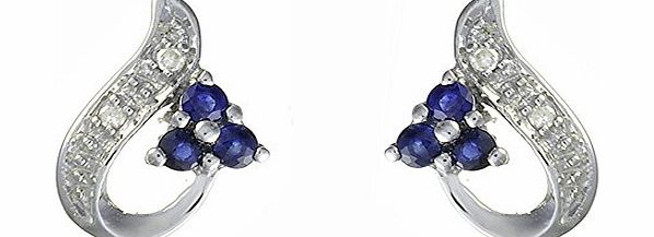 Ivy Gems 9ct White Gold Blue Sapphire and Diamond Flower and Leaf Swirl Stud Earrings