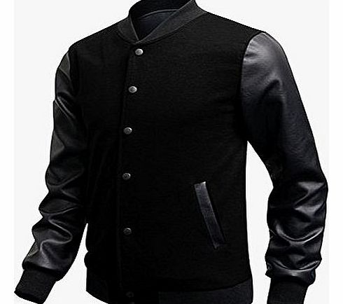Men Luxury pu leather Sleeve Baseball Jacket Coats Outerwear Sweatshirt (UK XS /Tag M, black)