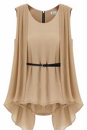 New Fashion Womens Casual Irregular Sleeveless Chiffon Blouse Tops Shirt (Beige, L)