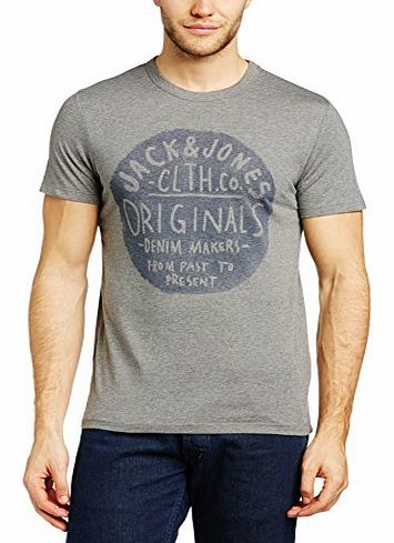 Jack and Jones Mens Stone Crew Neck Short Sleeve T-Shirt, Grey Melange, Medium