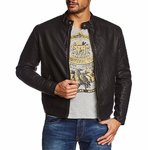 Jack and Jones Mens Tano Biker Leather Long Sleeve Jacket, Black, Large