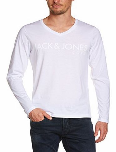 Mens Plain or unicolor V-Neck Long sleeve T-Shirt - White - Blanc (White) - Medium