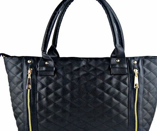 Jambo Fashionable Black Quilted Faux Patent Leather Office Tote Shoulder Bag