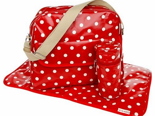 RED Polka Spotty Dotty Oilcloth Baby Nappy Change Bag with Changing Mat & Bottle Holder