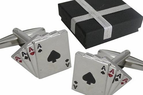 Mens Cufflinks - 4 Aces - For the Card Player - in a BROWN Magnetic Cufflink Gift Box