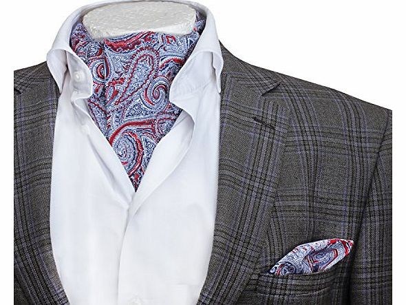 Mens Premium Designer Italian Style Wedding Cotton Ascot Hanky and Cravat Set (Red Paisley)