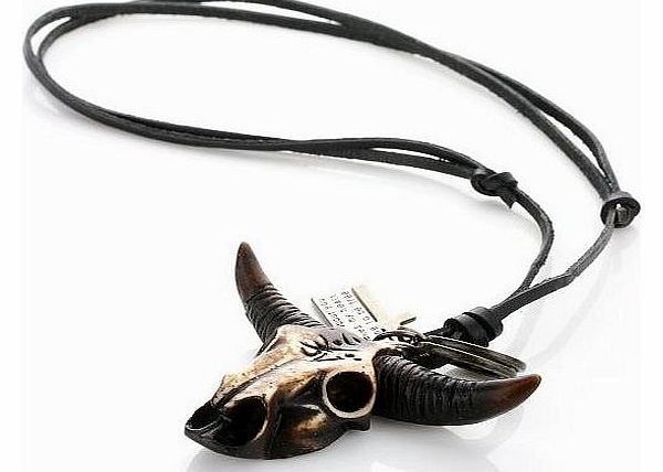 Cool Vintage Men Style Adjustable Genuine Leather Unisex Pendant Necklace Chain, Bone Cow Head, Cross (Black Leather - Rough)