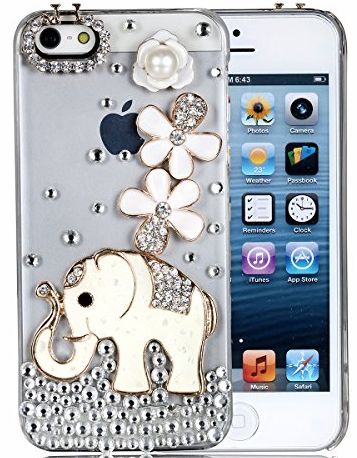 JewelryWe Halloween Gift - Lovely Baby Elephant Rhinestone Phone Cover Synthetic Pearl Iphone Case for Apple Iphone 5 5S