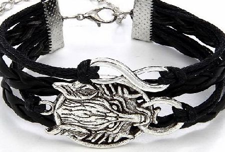 JewelryWe New Handmade Vintage Silver Tone Wolf Head Bracelet Infinity Black Leather Rope Wristband (With Gift Bag)
