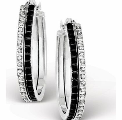 JewelryWeb Sterling Silver and Platinum-plated B And W Rough Diamond Mystique Oval Hinged Hoop Earrings Zzzzs R