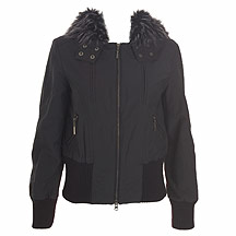 Black faux fur trimmed hooded bomber jacket