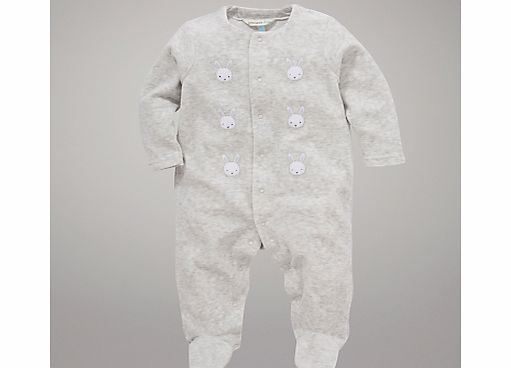 John Lewis Baby Bunny Velour Sleepsuit, Grey