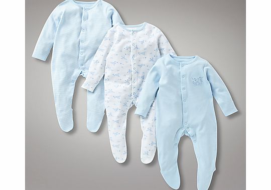 John Lewis Baby Teddy Sleepsuits, Pack of 3, Blue