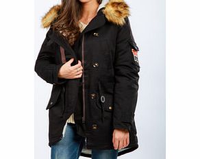 Black faux fur hooded parka jacket