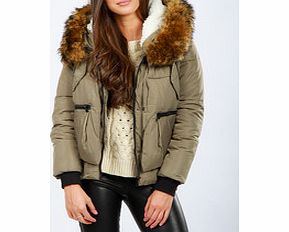 Joins Khaki quilted and faux fur short jacket