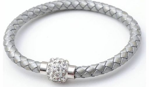 2x Genuine Leather Czech Crystal Magnetic Clasp Wrap Wristband Cuff Buckle Bracelet - Silver