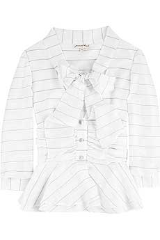 White cotton and silk blend pinstripe blouse with a bow at the neck.
