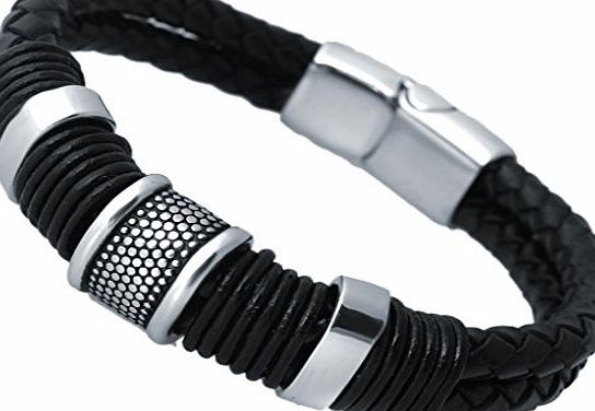 Jstyle Jewellery Mens Stainless Steel Black Braided Leather Bracelet Bangle