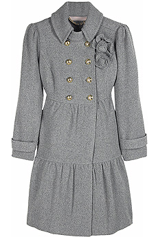 Gray double-breasted wool-and-cashmere blend coat with tiered skirt and removable corsages.