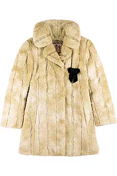 Sand faux fur coat with removable ribbon bow brooch.