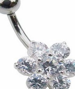 Jules Body Jewellery Belly Bars-Small Sterling Silver Clear Jewelled Flower Belly Bar-Available in a 6mm, 8mm, 10mm or 12mm Size