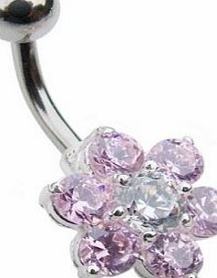 Jules Body Jewellery Belly Bars-Small Sterling Silver Pink Jewelled Flower Belly Bar-Available in a 6mm, 8mm, 10mm or 12mm Size