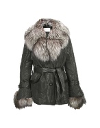 Detachable Fur Collar Black Leather-trim Coat