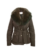 Detachable Fur Collar Brown Belted Jacket