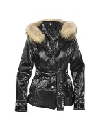 Detachable Fur Hood Black Puffer Belted Jacket
