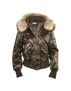 Detachable Fur Hood Dark Brown Puffer Bomber Jacket