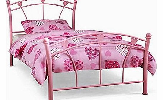 Jemima Girls Bed Frame - 3Ft Single - Pink Metal Bed Base - Pink Love Hearts