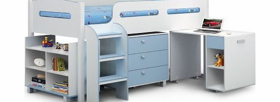 Julian Bowen Kimbo White amp; Blue Cabin Bed with Drawers, Shelf amp; Desk