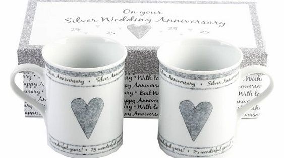 JULIANA COLLECTION PAIR OF GIFT BOXED SILVER ANNIVERSARY MUGS - 25TH ANNIVERSARY