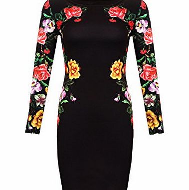 Juliets Kiss Womens Celeb Jessica Floral Print Bodycon Long Sleeve Midi Dress (S/M (8/10 UK ), Black - Floral Bodycon Dress)