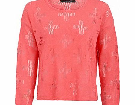 Juliets Kiss Womens Coral Crucifix Stitch Jumper Ladies (10 - Coral)