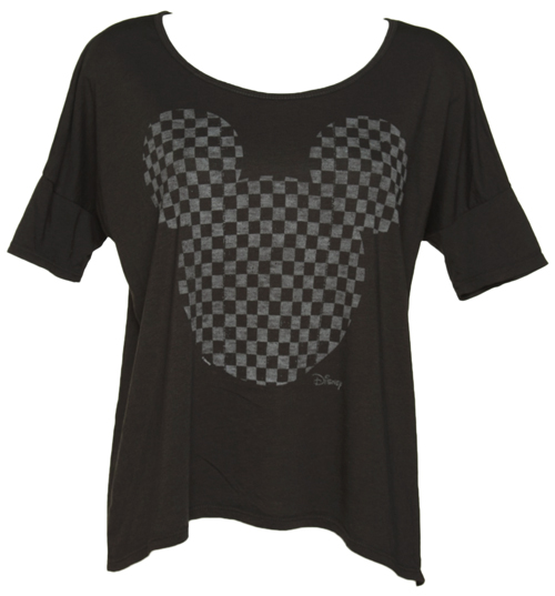 Ladies Black Chequerboard Mickey Mouse T-Shirt