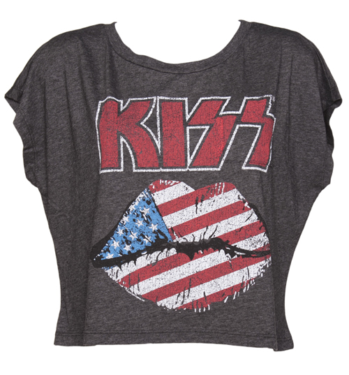 Ladies Black Cropped Vintage Kiss Print T-Shirt