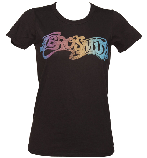Ladies Black Wash Aerosmith Rainbow Logo T-Shirt