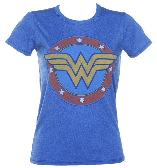 Ladies Blue Distressed Wonder Woman Logo T-Shirt