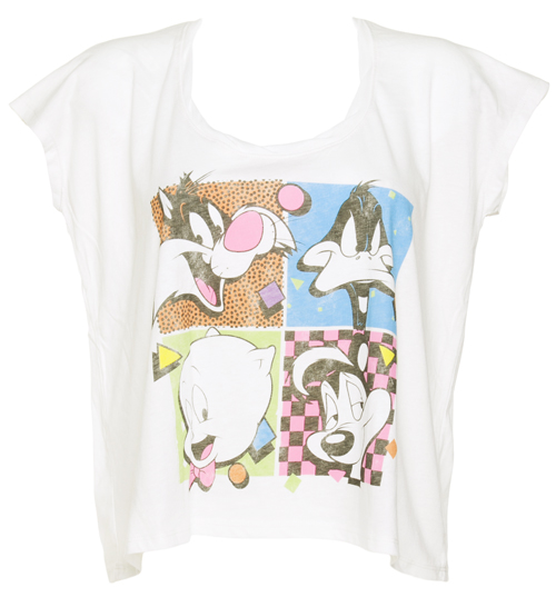 Ladies White Cropped Looney Tunes Characters