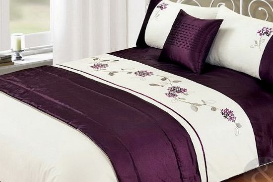 Just Contempo 5pc Bed in a Bag - Embroidered Duvet Cover Faux Satin Silk Complete Bedding Sets Leila - Aubergine Purple (cream pink ) King Size Bedding Set ( kingsize )