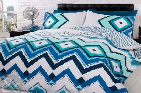 Just Contempo AZTEC DUVET COVER Set - Contemporary Bedding Bed Sets Teal ( blue green white navy ) Single Quilt Cover ( reversible duvet cover )